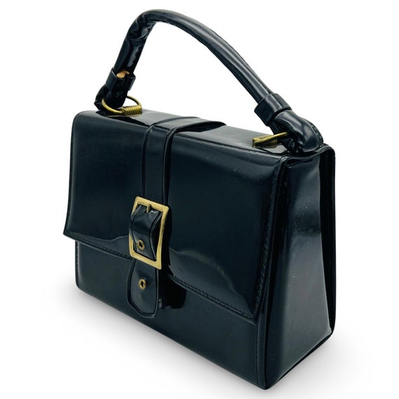Vintage 1960s black Mod handbag, 60s mod shiny pu… - image 1