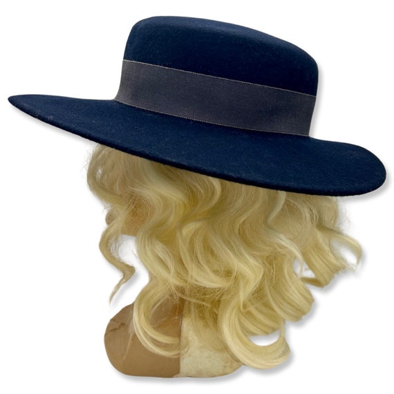 Vintage 1960s Blue Hat, 60s blue boater hat, wide… - image 6