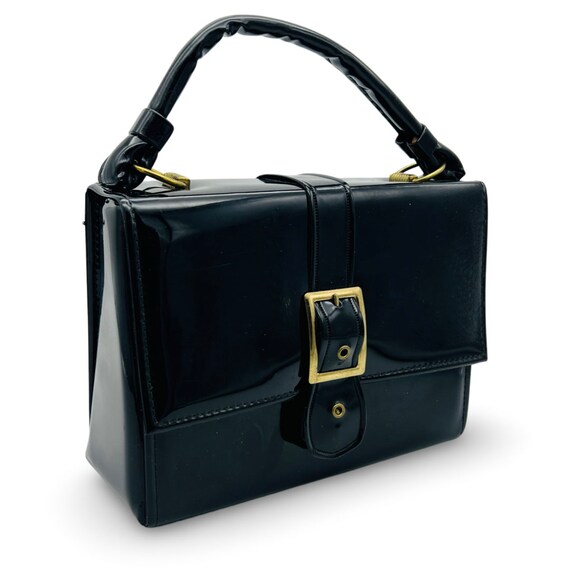 Vintage 1960s black Mod handbag, 60s mod shiny pu… - image 5