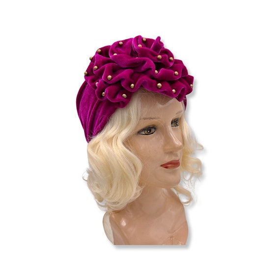 Vintage 1970s Velvet Turban,70s fuschia turbans, … - image 6