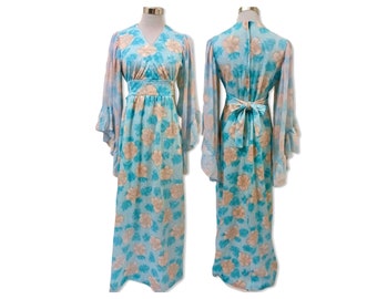 Vintage 1970s Hostess Dress, 70s Angel sleeve dress, 70s boho dress, 70s flowing maxi dress