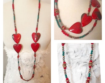 Vintage Arts & Crafts Revival Hearts Necklace | Upcycled Whimsical Hearts Vintage Necklace | Artist Made Blown Glass Beaded Necklace