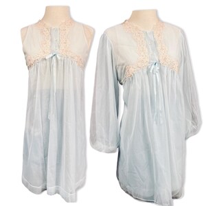 Vintage 1950s Gossard Artemis Baby Blue  Peignoir Set| 50s nylon and lace nightgown and chiffon peignoir bed jacket, size L vintage peignoir