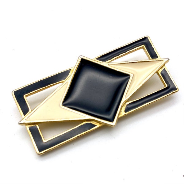 Vintage 1980s Enameled Black, Cream and Gold Modern Art Brooch, 80s geometric art pin, 80s sleek  black white and gold brooch
