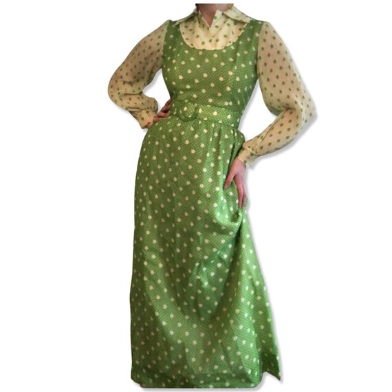 Vintage 1960s Hostess Maxi Dress, 60s green polka… - image 2