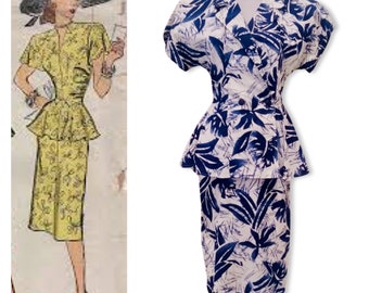 Vintage 1980s does the 1940s Dress, 1940s style peplum dress, blue and white dress, 40s style wiggle dress, pencil skirt, shoulder pad dress