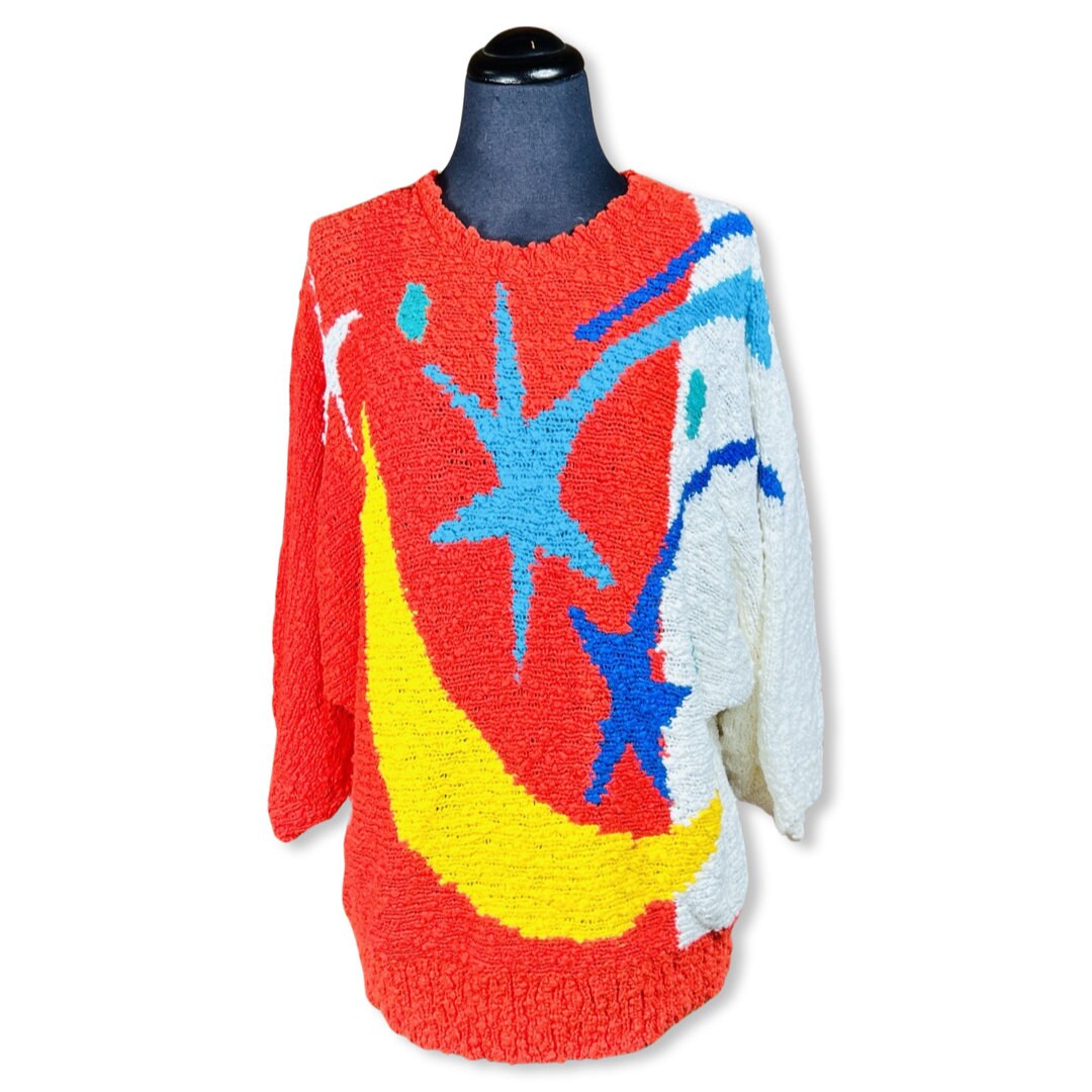 Vintage 1980s Sweater, 80s Abstract Sweater, 80s Graphic Sweater, 1980s Bright Crazy Sweater