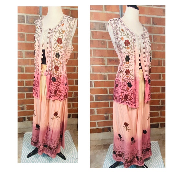 1990s Embroidered Boho Maxi Skirt & Tunic| Size XL