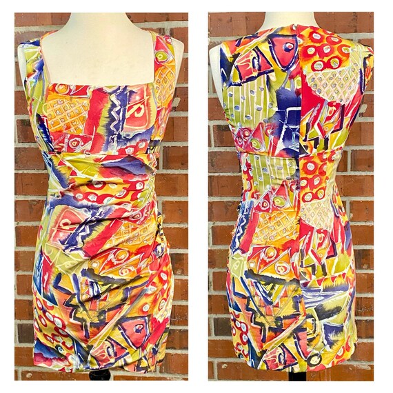 Vintage 1990s size 4 silk dress, 90s colorful clu… - image 5