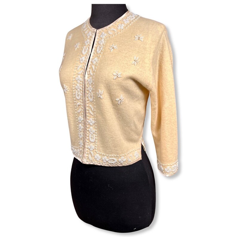 Vintage 1950s Cardigan Sweater, 50s pinup sweater, 50s embroidered sweater, 50s butterfly sweater, beaded cardigan, wool sweater image 2