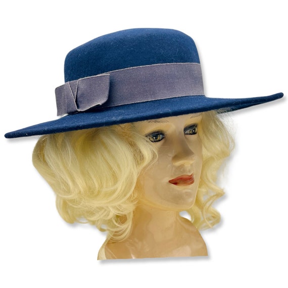 Vintage 1960s Blue Hat, 60s blue boater hat, wide… - image 3