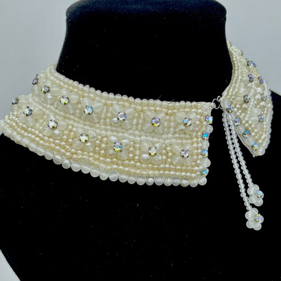 Vintage 1950s beaded collar, cream ivory beaded c… - image 8