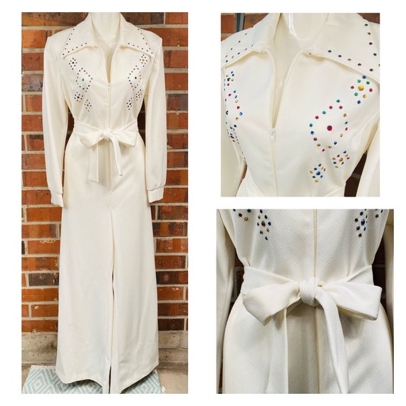 Vintage 1970s white bejeweled Jumpsuit with waist
