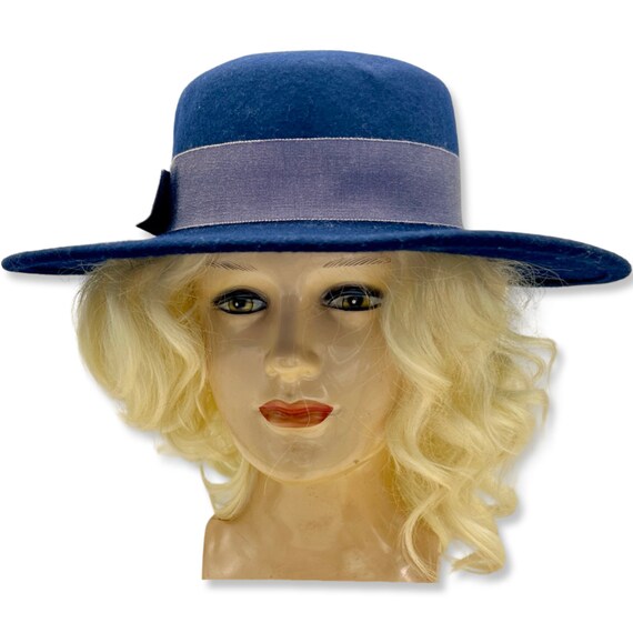 Vintage 1960s Blue Hat, 60s blue boater hat, wide… - image 7
