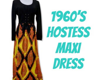1960s Hostess Dress, vintage boho maxi, corset laced maxi, 60s long dress, ankle length, hippie dress, psychedelic print