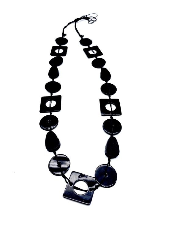 Vintage 1960s Black Mod Necklace, 60s black glass 
