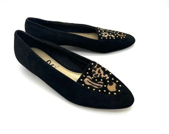 Vintage 1980s black gold and animal print loafer style flats, 1980s black suede and gold studded flats, cute preppy black suede loafers