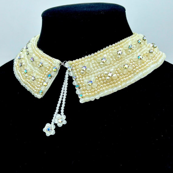 Vintage 1950s beaded collar, cream ivory beaded c… - image 4