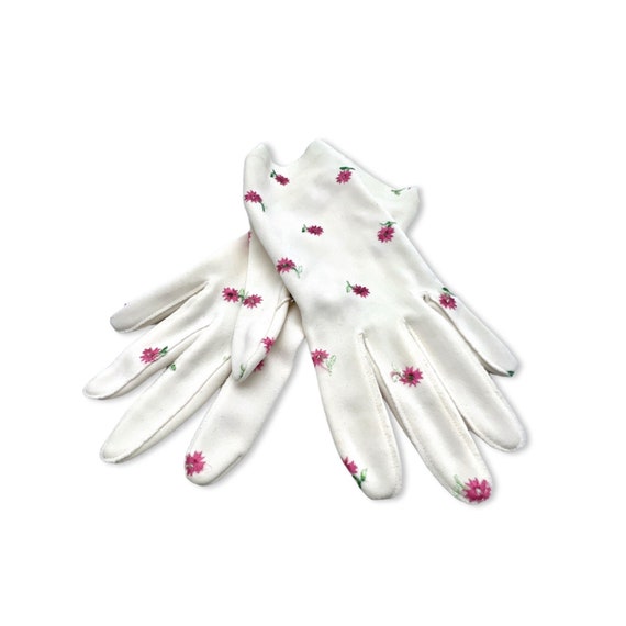 Vintage 1960s embroidered gloves, 60s pink flower… - image 1