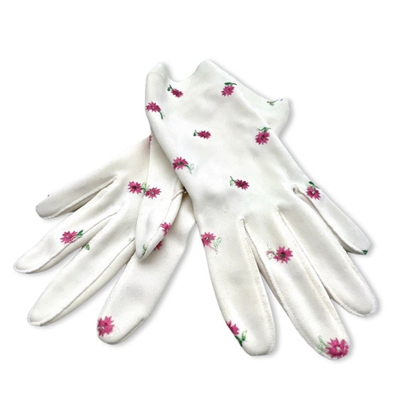 Vintage 1960s embroidered gloves, 60s pink flower… - image 3