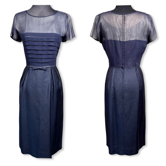 Vintage 1950s Sheath Dress, 50s navy blue wiggle … - image 3