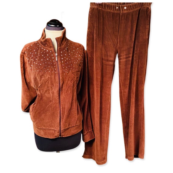 1990s Vintage Brown Bling Velour Track Suit, velo… - image 5