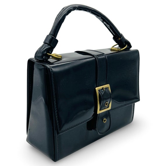 Vintage 1960s black Mod handbag, 60s mod shiny pu… - image 3