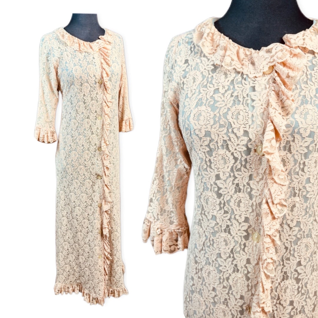 1960s Vintage XL Cotton House Coat With Eyelet Lace Ruffle, 60s Seafoam Green & White House Coat