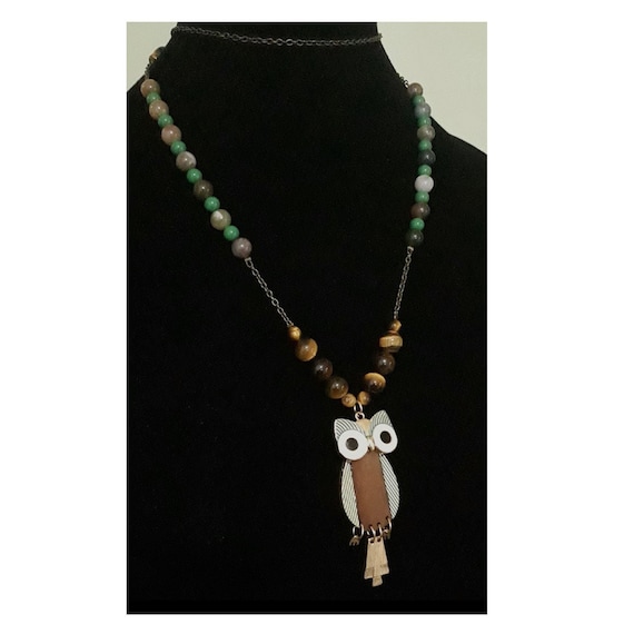 Vintage 1960s Enameled Boho Owl Pendant Necklace,… - image 1