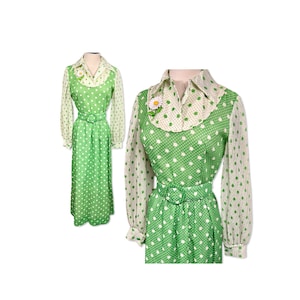 Vintage jaren 1960 Hostess Maxi Jurk, jaren '60 groene polka dot maxi jurk, jaren '60 lange jurk met riem, jaren '60 lange gastvrouw jurk afbeelding 1