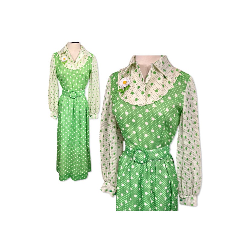 Vintage jaren 1960 Hostess Maxi Jurk, jaren '60 groene polka dot maxi jurk, jaren '60 lange jurk met riem, jaren '60 lange gastvrouw jurk afbeelding 1