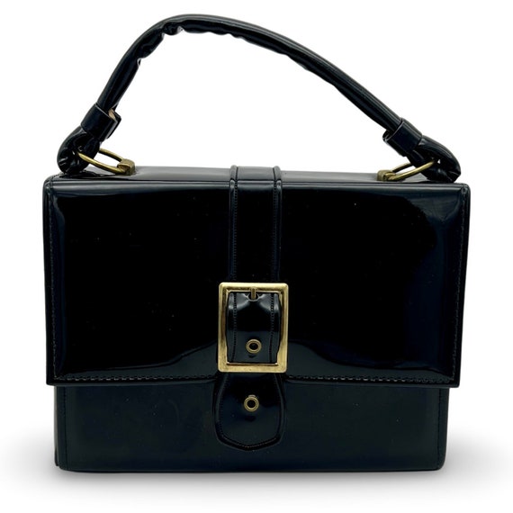 Vintage 1960s black Mod handbag, 60s mod shiny pu… - image 2