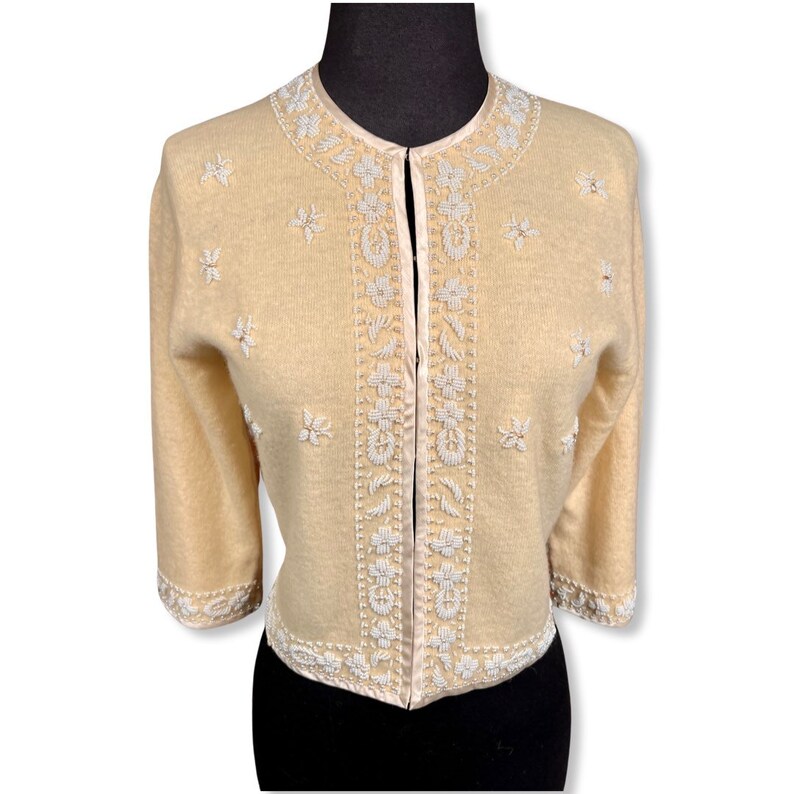Vintage 1950s Cardigan Sweater, 50s pinup sweater, 50s embroidered sweater, 50s butterfly sweater, beaded cardigan, wool sweater image 3