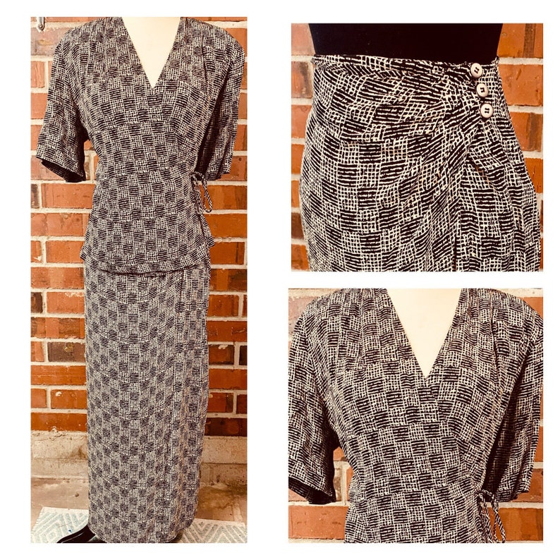 Vintage 1980s Maxi Wrap Skirt and Wrap Top, 80s shoulder pad wrap top with matching wrap maxi skirt, size 12 vinting wrap skirt set image 2