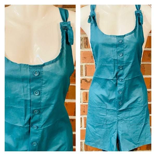 Vintage 1990s teal Linen Shorts Romper Deadstock, 90s linen short overalls, 90s boho linen turquoise shorts one piece overall romper