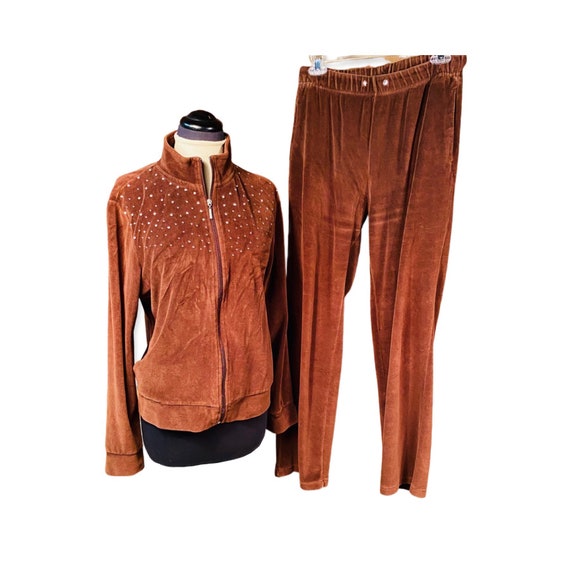 1990s Vintage Brown Bling Velour Track Suit, velo… - image 2