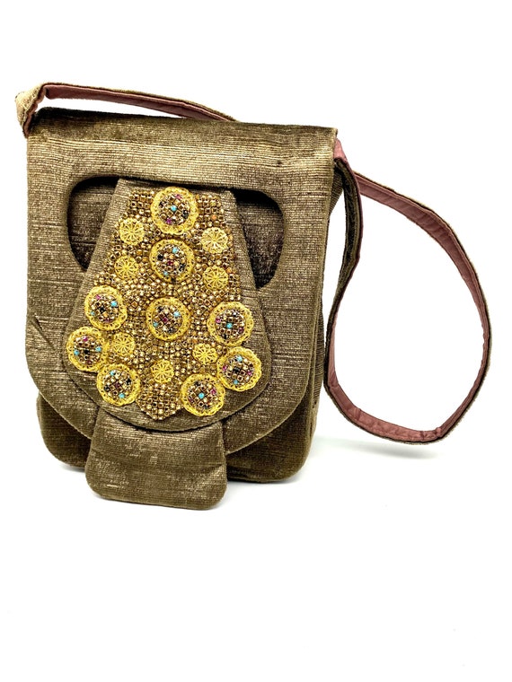 Vintage 1940s bejeweled Silk Handbag, beautiful g… - image 1
