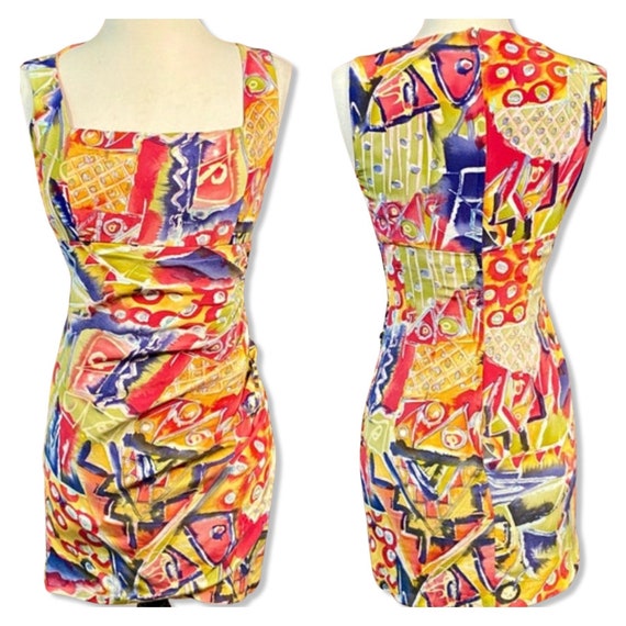 Vintage 1990s size 4 silk dress, 90s colorful clu… - image 2