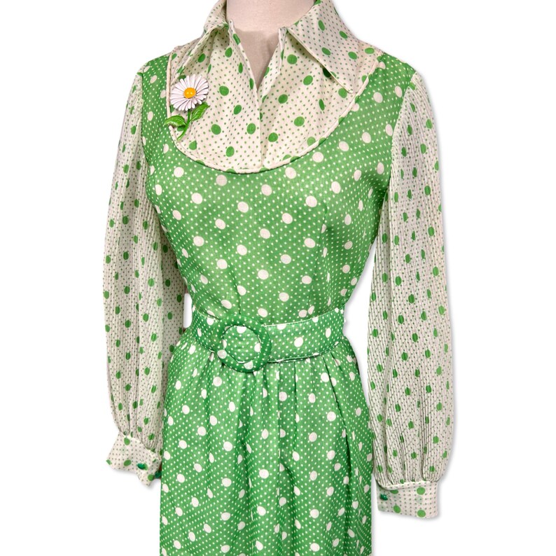 Vintage jaren 1960 Hostess Maxi Jurk, jaren '60 groene polka dot maxi jurk, jaren '60 lange jurk met riem, jaren '60 lange gastvrouw jurk afbeelding 4