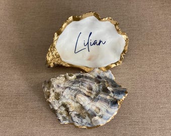 Oyster Shell Place Cards: Golden Wedding Table Decor