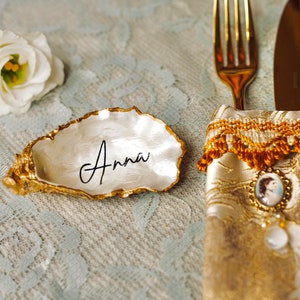 Tarjetas de lugar con forma de concha de ostra, recuerdo de boda, tarjetas de lugar para boda, tarjetas con nombre, decoración de mesa para boda, tarjetas de lugar, decoraciones para boda, nombres de lugares para boda