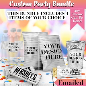 Custom 4 Digital Party Favors Bundle| Custom Snacks, drinks, and decor | Personalized Party Decor