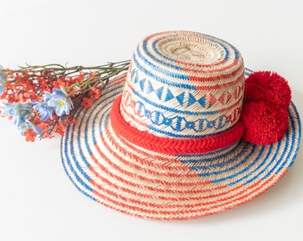 Petit chapeau de soleil Wayuu / chapeau enfant / chapeau d’été / pompon pom pom / chapeau de paille / chapeau de plage / chapeau colombien / chapeau fait à la main / motif wayuu