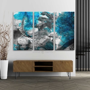 3pc Teal Blue Gray Abstract Canvas Art | Moder Abstract Black Blue Teal Wall Art Decor