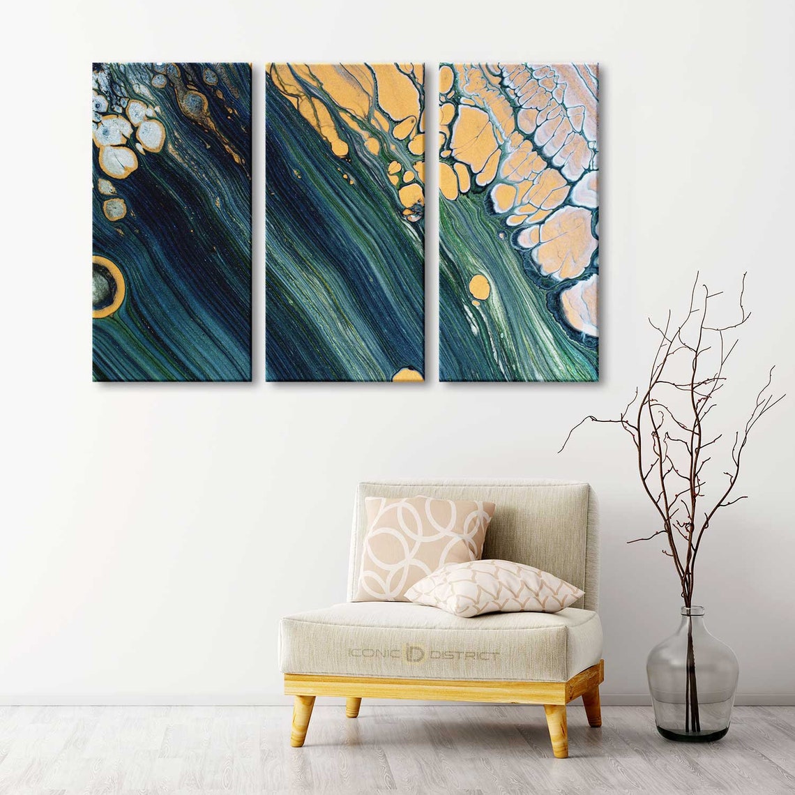 3pc Gold Green Canvas Art Abstract Green Gold Wall Art Decor Etsy