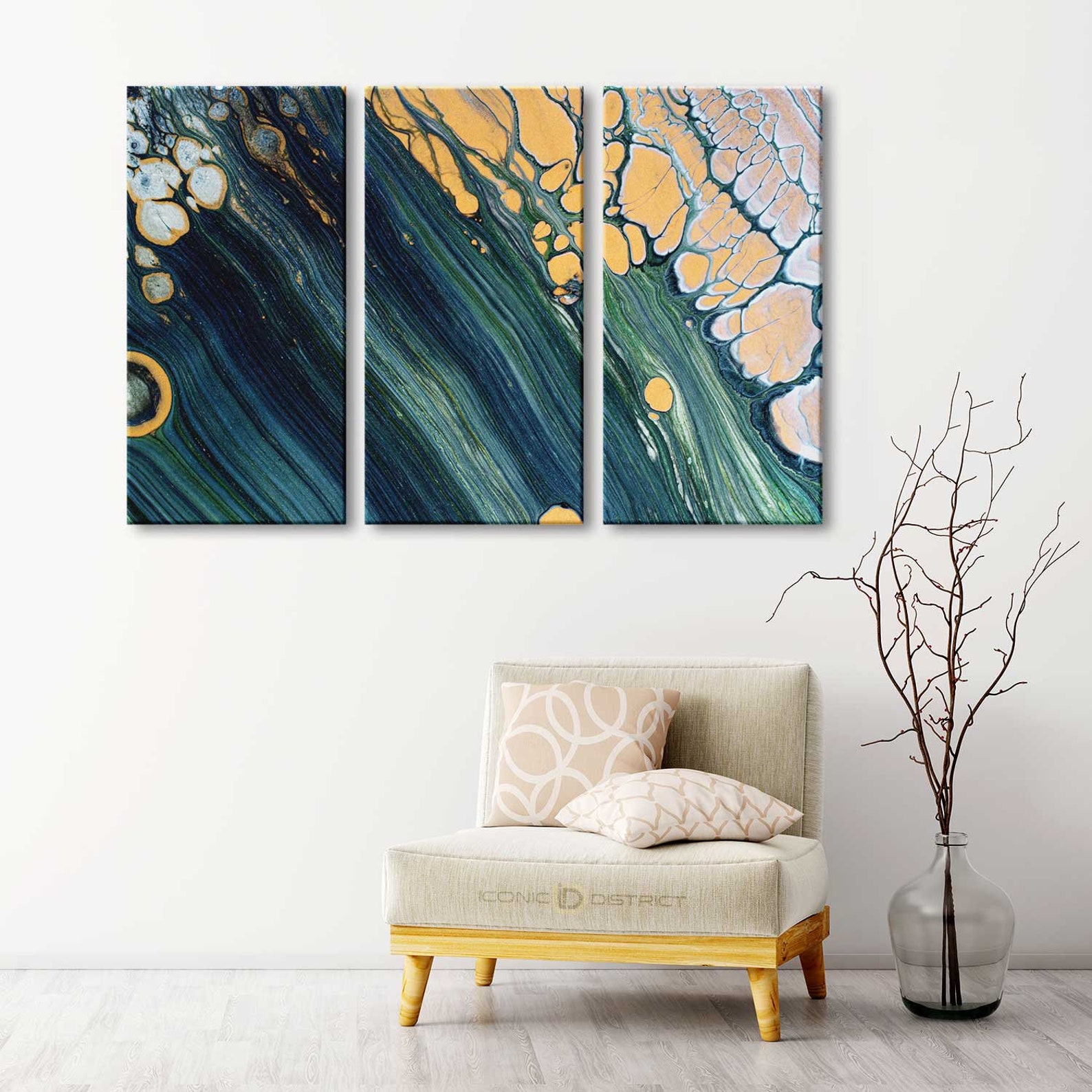 3pc Gold Green Canvas Art Abstract Green Gold Wall Art Decor Etsy
