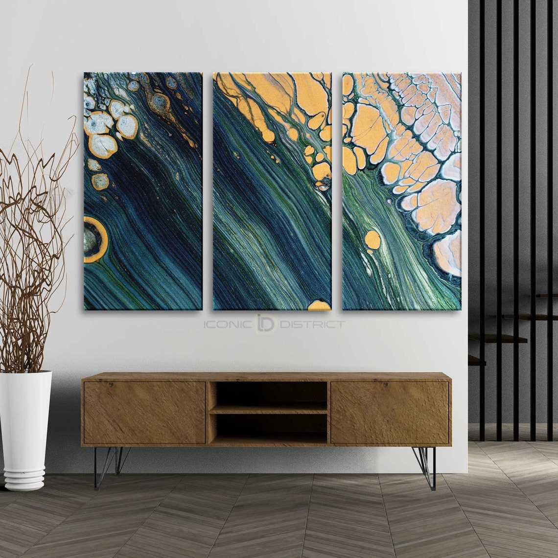 3pc Gold Green Canvas Art Abstract Green Gold Wall Art Decor Etsy