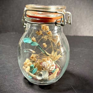 Könnte beinhalten: Ein Glasgefäß mit einem Metalldeckel und einer Gummidichtung. Das Gefäß ist gefüllt mit getrockneten Blumen, Muscheln und anderen natürlichen Elementen.