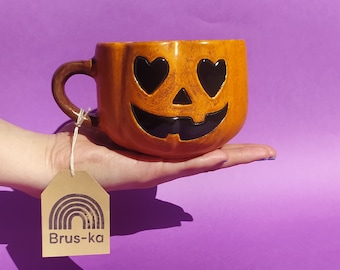 taza de ceramica de calabaza, halloween, decoracion, otoño, ceramica hecha a mano, taza para cafe, taza halloween, deco