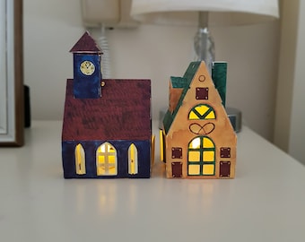 Diy Gift Set of Two Houses - Home Decoration. Vintage Style Lightup Craft Kit